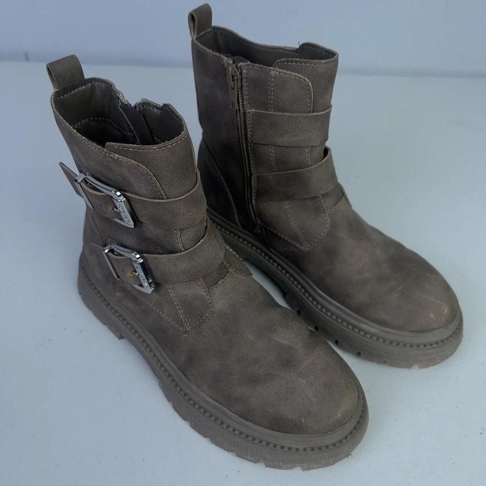 DKNY Boots Kids Size 3 Brown Biker Ankle Double Buckle Zip Lug Sole DKN1301-2